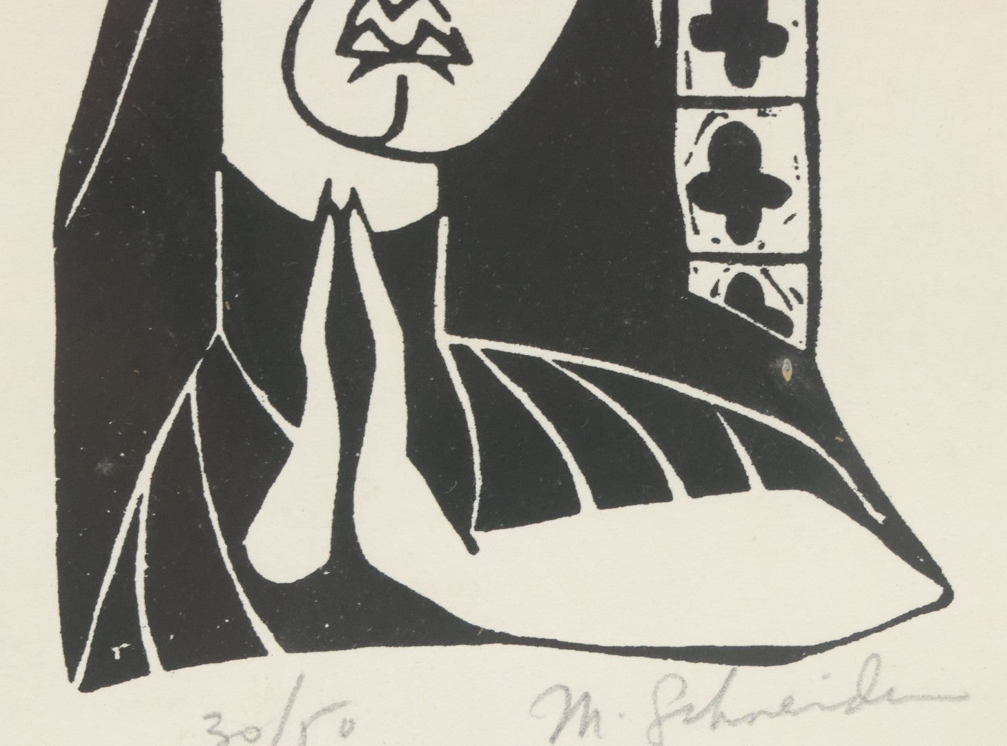 Lot 049 - Vintage Wood Block Print Of Praying Nun With Suspicious Expression, No. 30/50, Artist Signed M. Schneider, 6-3/4" x 10-5/8"