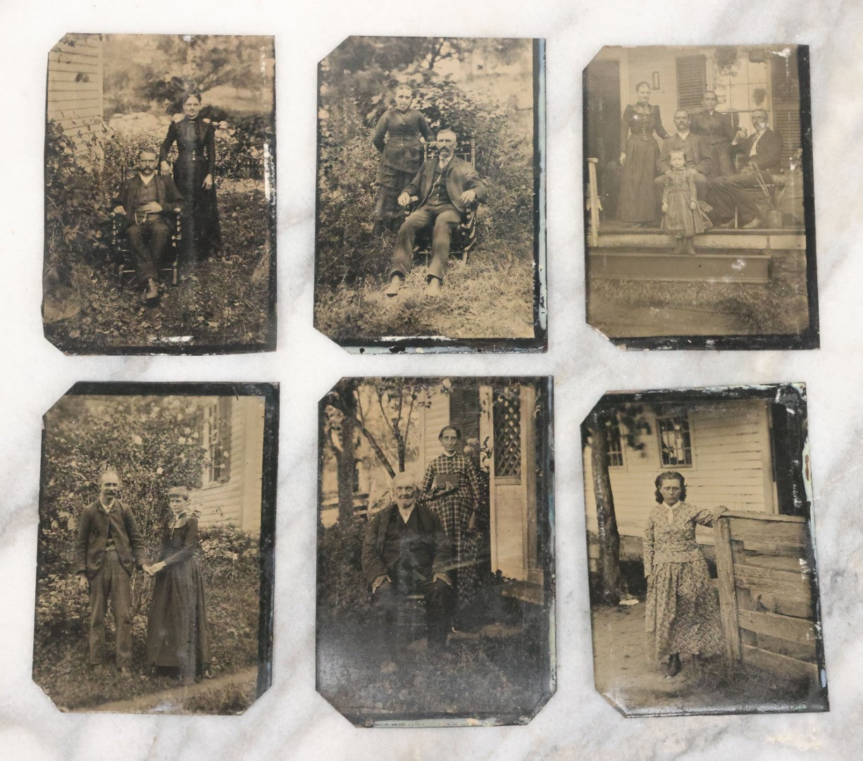 Lot 054 - Grouping Of 6 Antique Tintype Photographs Taken Outdoors, Of Men Women And Children