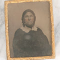 Lot 060 - Antique 1/9th Plate Ambrotype Photograph Of Surprised Older Woman With White Lace Collar And Tinted Rosy Red Cheeks, Uncased