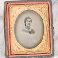 Lot 063 - Antique 1/9th Plate Tintype Photograph Of Pretty Young Woman Wearing Lace Collar And Cameo Brooch With Silvertone Background In Half Leatherette Union Case