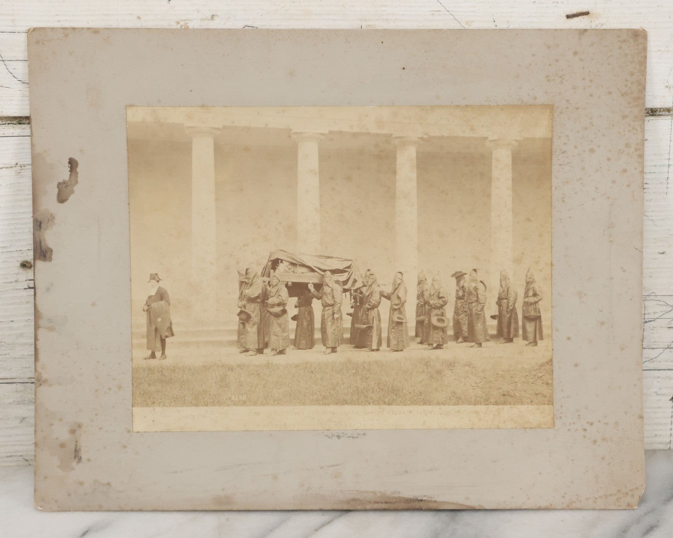 Lot 065 - Antique Boarded Photographs Of Priests In Dark Robes In Ceremonial Funeral Procession, With Identification Printed But Illegible, Likely Related To The Penitents, Italy