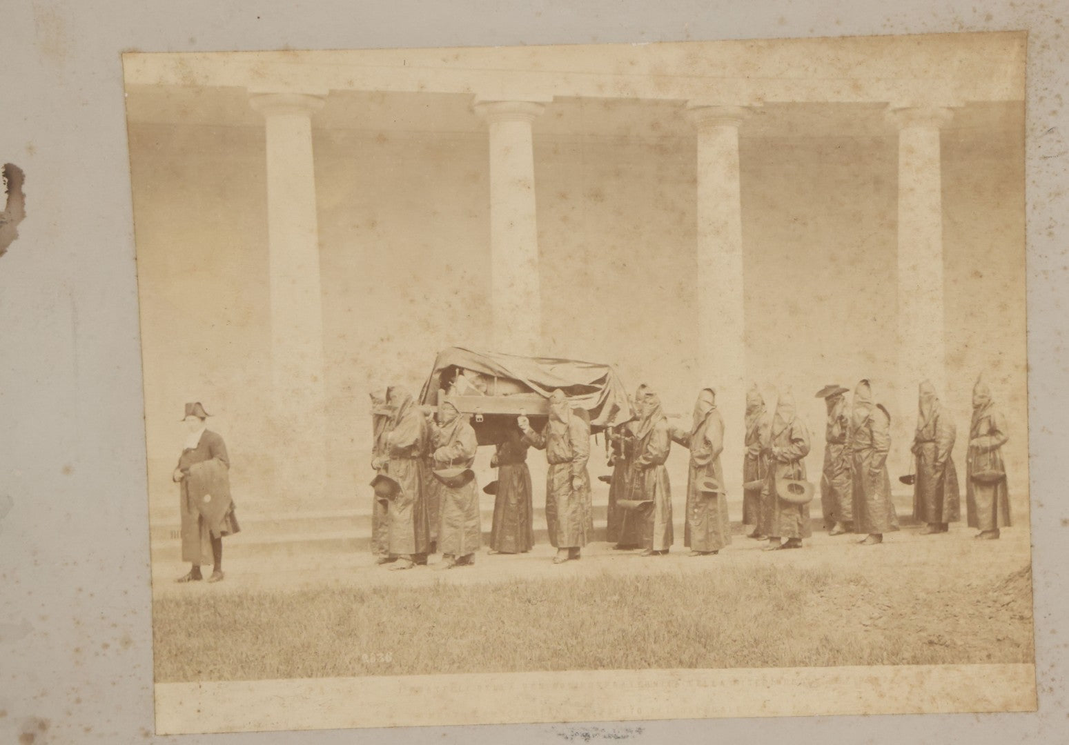 Lot 065 - Antique Boarded Photographs Of Priests In Dark Robes In Ceremonial Funeral Procession, With Identification Printed But Illegible, Likely Related To The Penitents, Italy