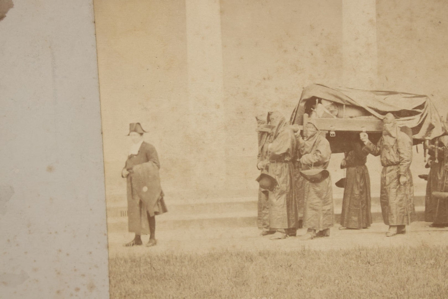 Lot 065 - Antique Boarded Photographs Of Priests In Dark Robes In Ceremonial Funeral Procession, With Identification Printed But Illegible, Likely Related To The Penitents, Italy