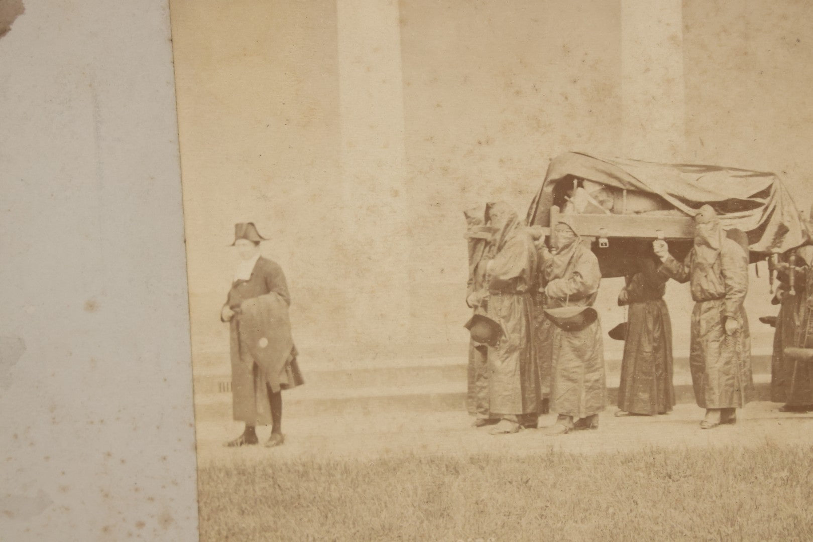 Lot 065 - Antique Boarded Photographs Of Priests In Dark Robes In Ceremonial Funeral Procession, With Identification Printed But Illegible, Likely Related To The Penitents, Italy