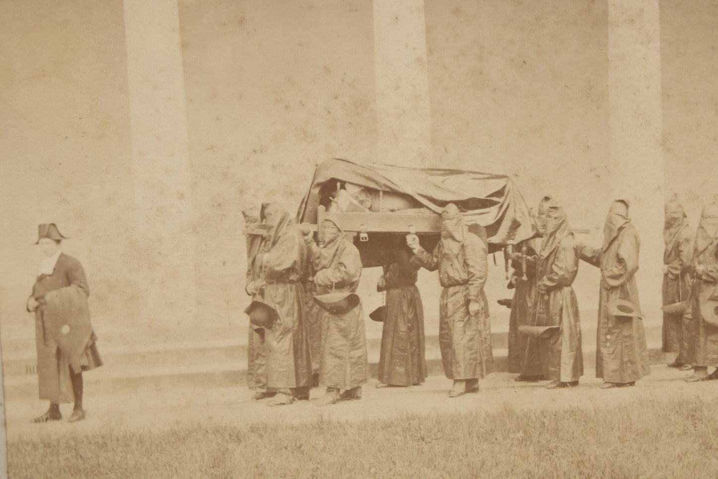Lot 065 - Antique Boarded Photographs Of Priests In Dark Robes In Ceremonial Funeral Procession, With Identification Printed But Illegible, Likely Related To The Penitents, Italy