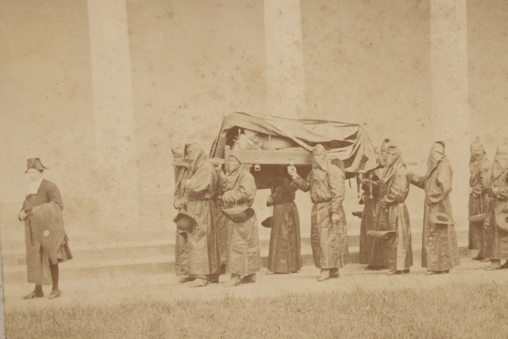 Lot 065 - Antique Boarded Photographs Of Priests In Dark Robes In Ceremonial Funeral Procession, With Identification Printed But Illegible, Likely Related To The Penitents, Italy