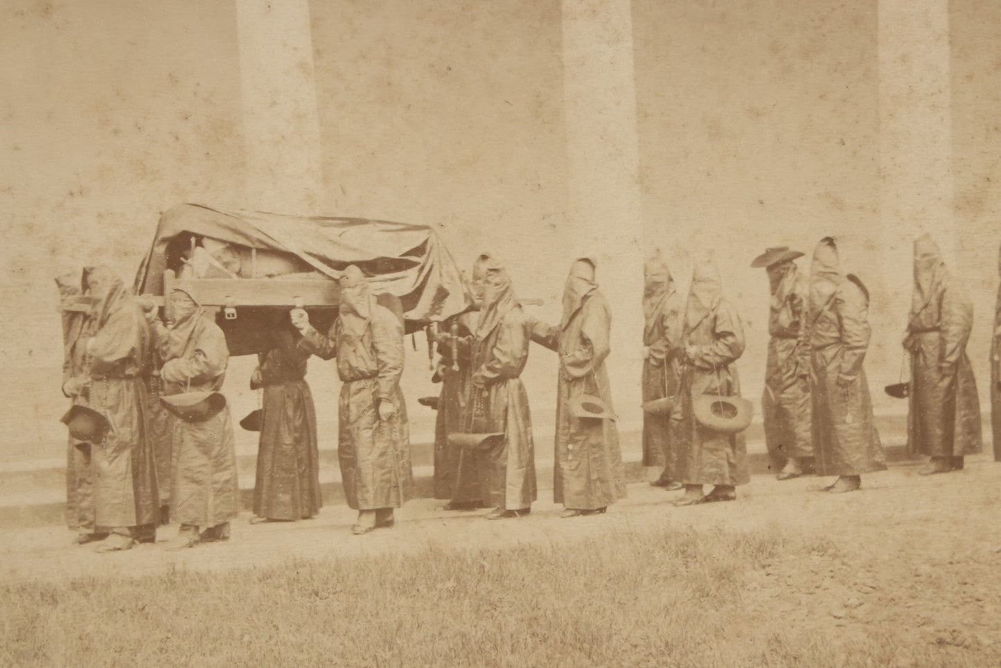 Lot 065 - Antique Boarded Photographs Of Priests In Dark Robes In Ceremonial Funeral Procession, With Identification Printed But Illegible, Likely Related To The Penitents, Italy