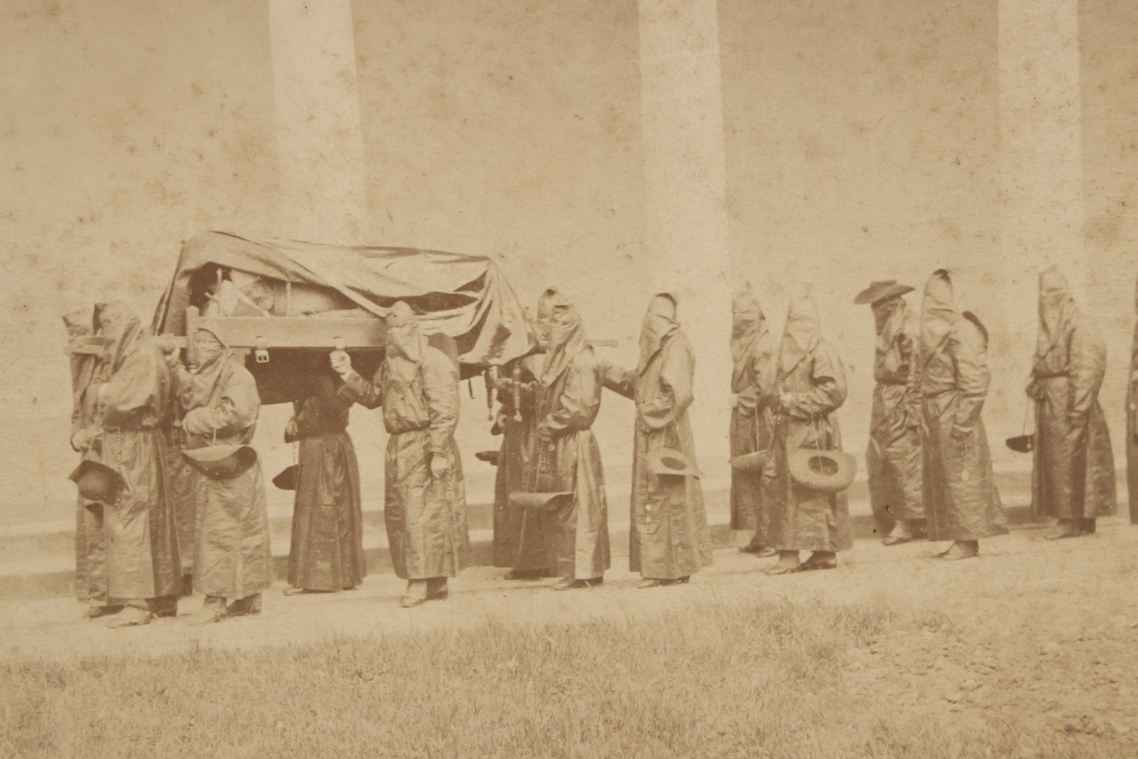 Lot 065 - Antique Boarded Photographs Of Priests In Dark Robes In Ceremonial Funeral Procession, With Identification Printed But Illegible, Likely Related To The Penitents, Italy