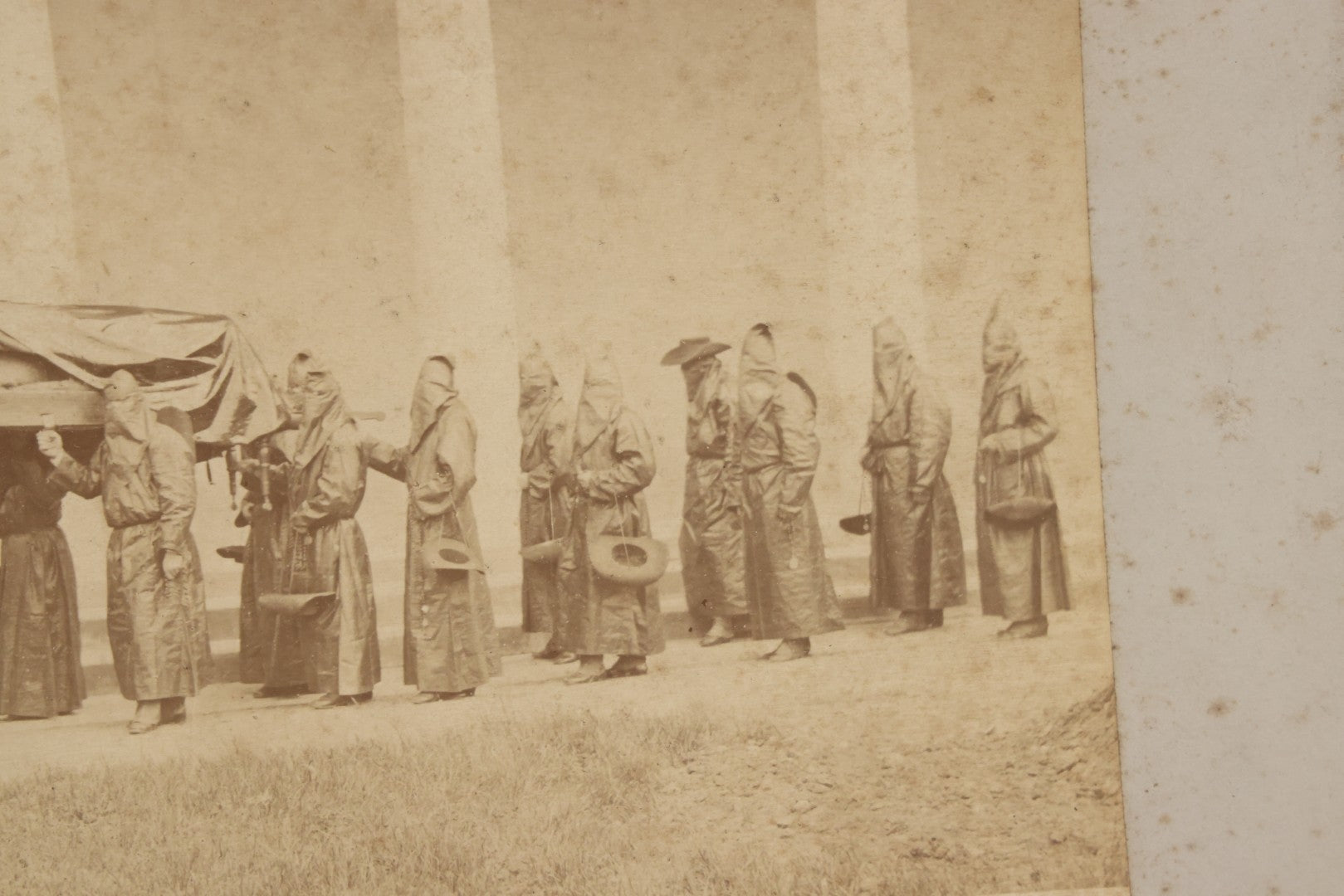 Lot 065 - Antique Boarded Photographs Of Priests In Dark Robes In Ceremonial Funeral Procession, With Identification Printed But Illegible, Likely Related To The Penitents, Italy