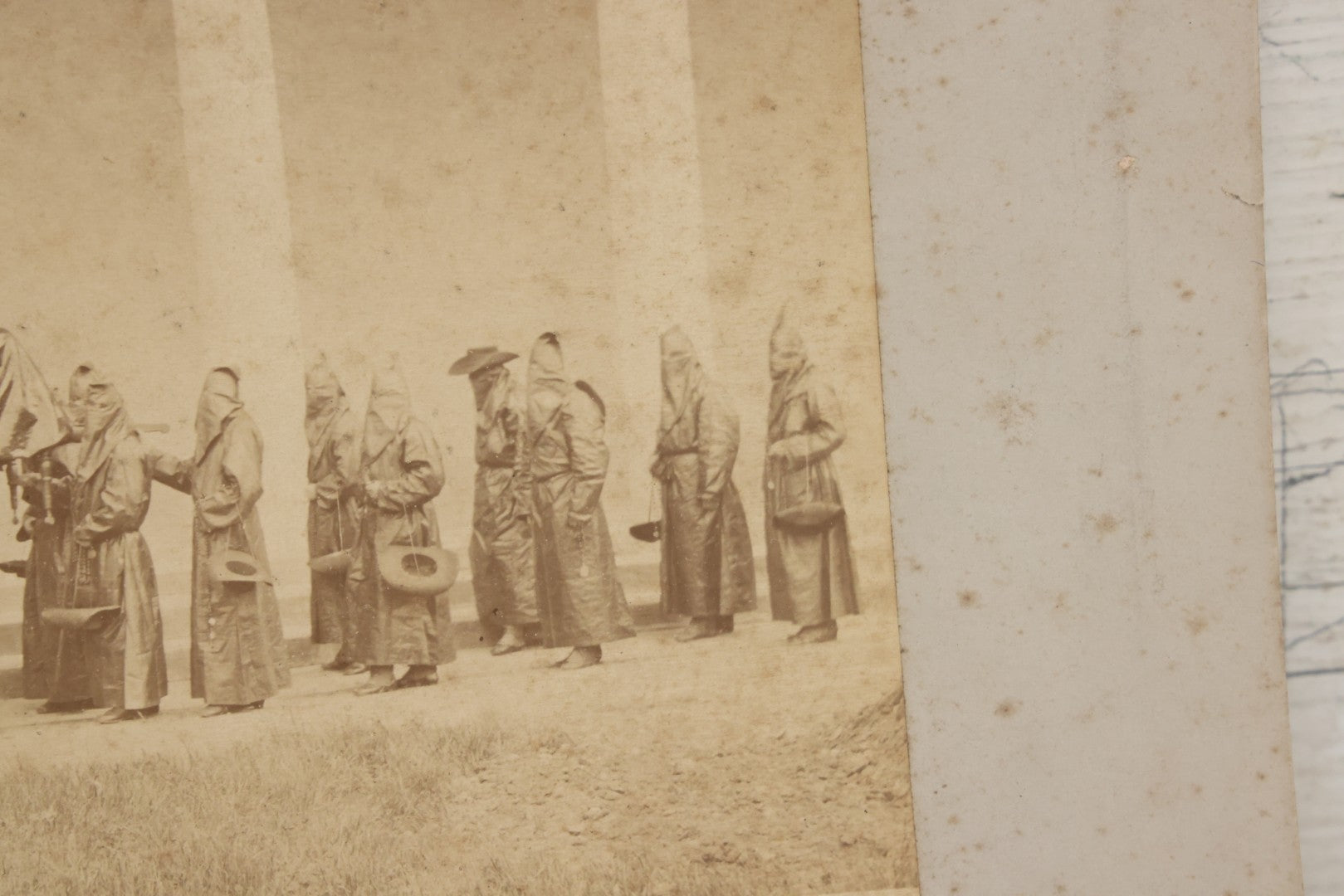 Lot 065 - Antique Boarded Photographs Of Priests In Dark Robes In Ceremonial Funeral Procession, With Identification Printed But Illegible, Likely Related To The Penitents, Italy