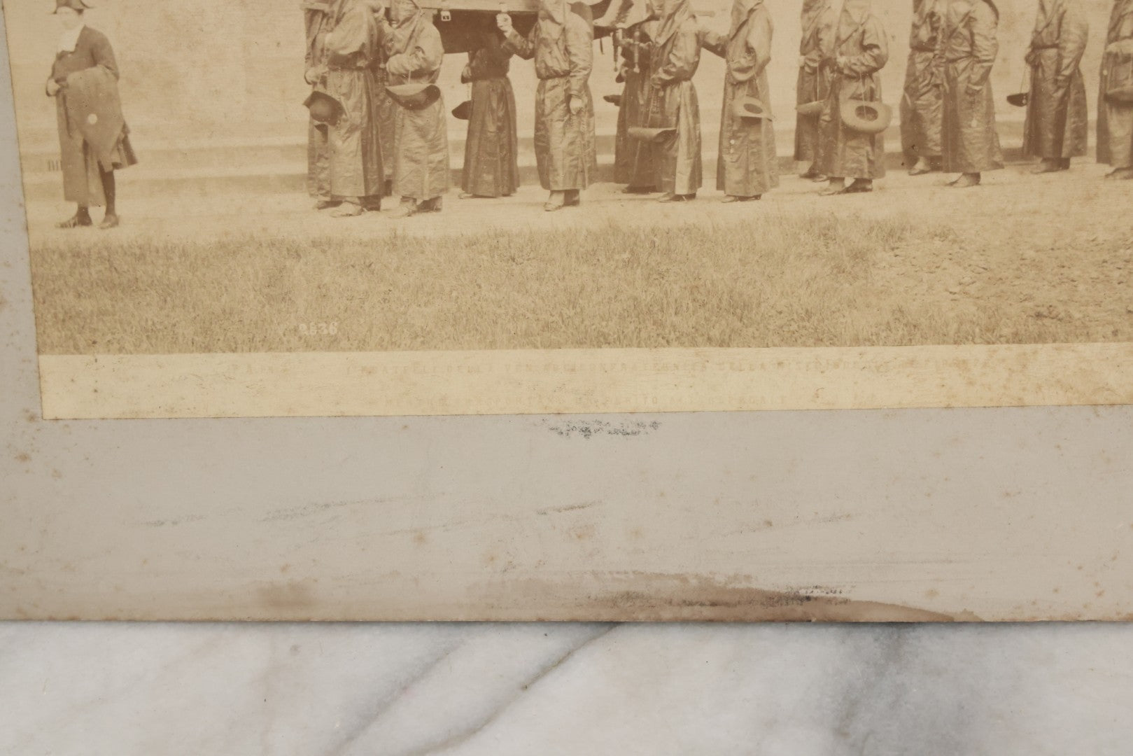 Lot 065 - Antique Boarded Photographs Of Priests In Dark Robes In Ceremonial Funeral Procession, With Identification Printed But Illegible, Likely Related To The Penitents, Italy