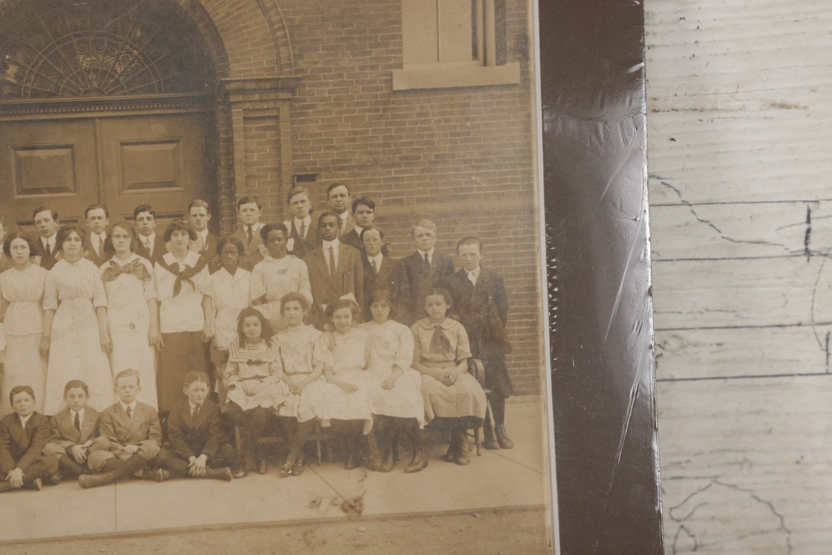 Lot 068 - Antique Photograph Of Schoolchildren, Interracial Class, Outside Of Brick Schoolhouse Including Many Young Girls And Boys And Teachers, Matted And Shrink Wrapped