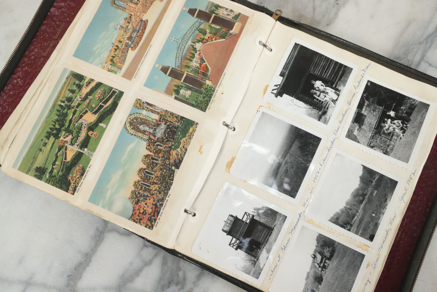 Lot 074 - Vintage Photo Album And Scrapbook Including Many Snapshot Photographs And Postcards Of Travel In The Midwestern And Western U.S., Circa 1950 To 1970, In Leather Folio, Not All Pages Pictured