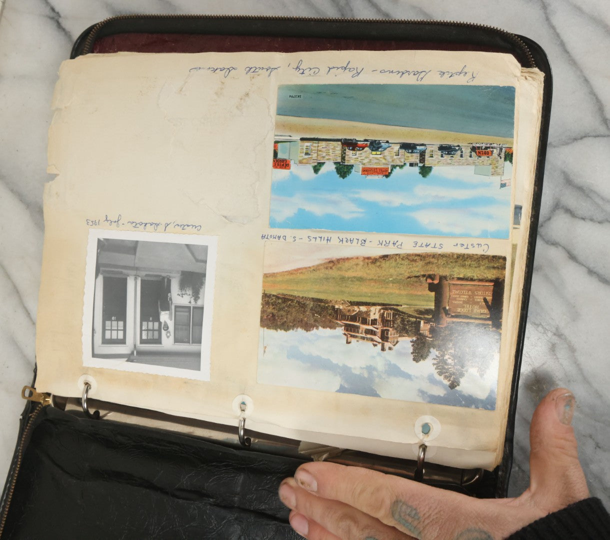 Lot 074 - Vintage Photo Album And Scrapbook Including Many Snapshot Photographs And Postcards Of Travel In The Midwestern And Western U.S., Circa 1950 To 1970, In Leather Folio, Not All Pages Pictured
