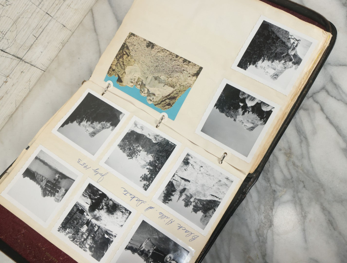 Lot 074 - Vintage Photo Album And Scrapbook Including Many Snapshot Photographs And Postcards Of Travel In The Midwestern And Western U.S., Circa 1950 To 1970, In Leather Folio, Not All Pages Pictured