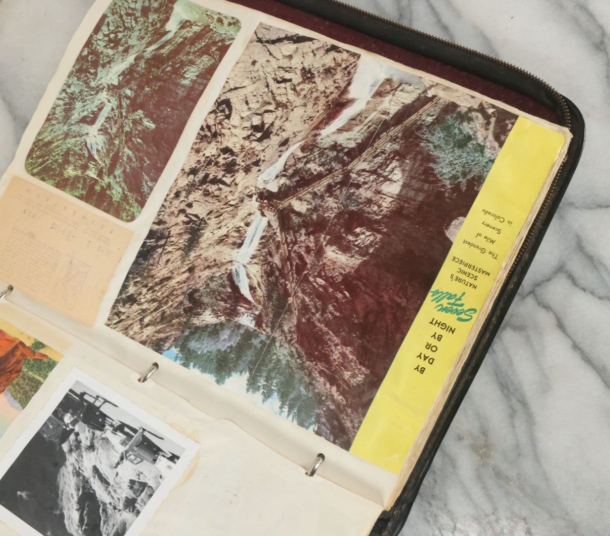 Lot 074 - Vintage Photo Album And Scrapbook Including Many Snapshot Photographs And Postcards Of Travel In The Midwestern And Western U.S., Circa 1950 To 1970, In Leather Folio, Not All Pages Pictured