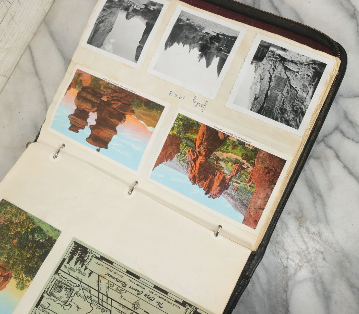 Lot 074 - Vintage Photo Album And Scrapbook Including Many Snapshot Photographs And Postcards Of Travel In The Midwestern And Western U.S., Circa 1950 To 1970, In Leather Folio, Not All Pages Pictured