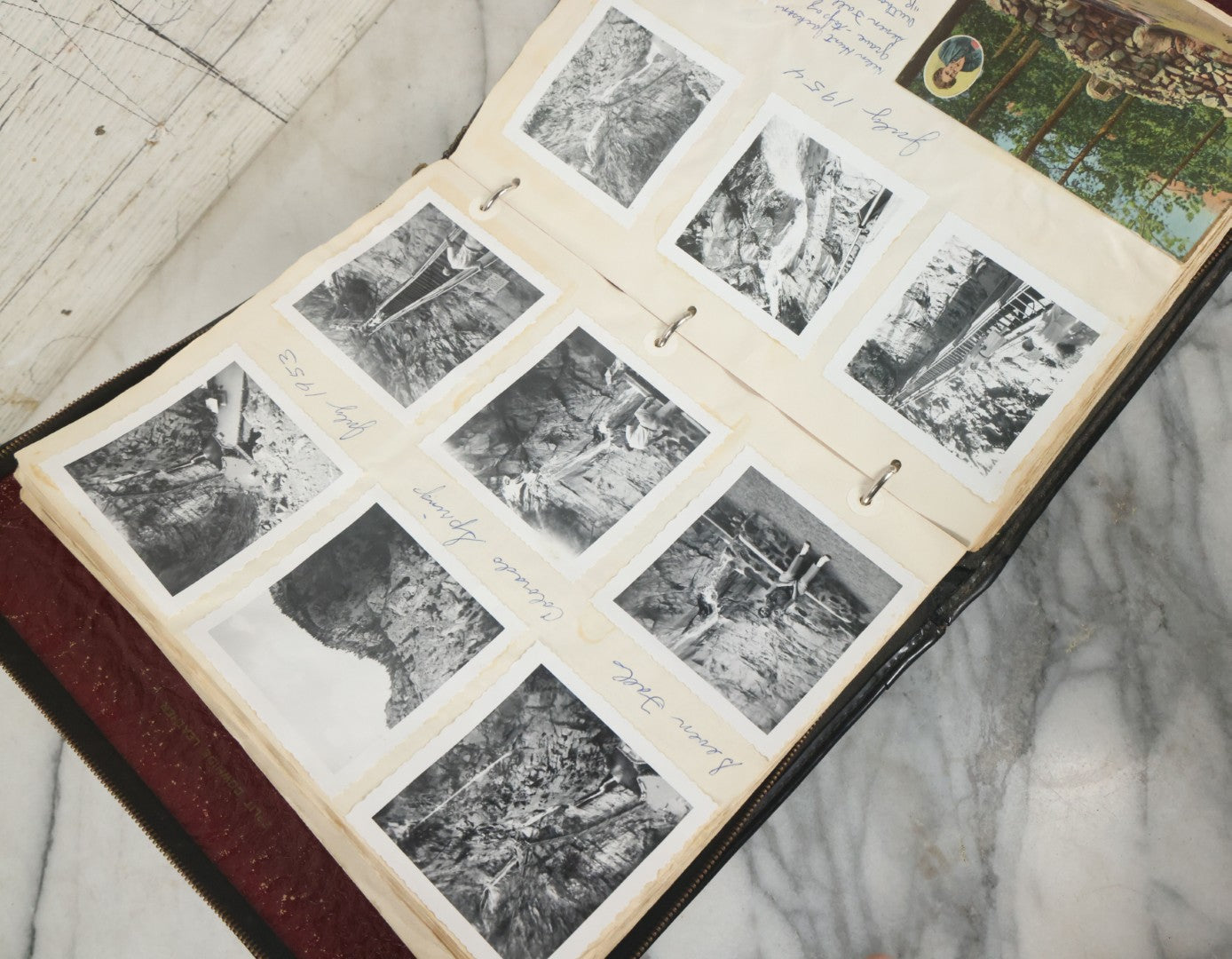 Lot 074 - Vintage Photo Album And Scrapbook Including Many Snapshot Photographs And Postcards Of Travel In The Midwestern And Western U.S., Circa 1950 To 1970, In Leather Folio, Not All Pages Pictured