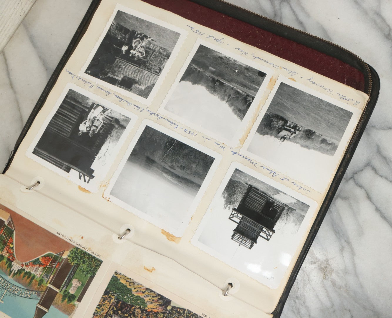 Lot 074 - Vintage Photo Album And Scrapbook Including Many Snapshot Photographs And Postcards Of Travel In The Midwestern And Western U.S., Circa 1950 To 1970, In Leather Folio, Not All Pages Pictured