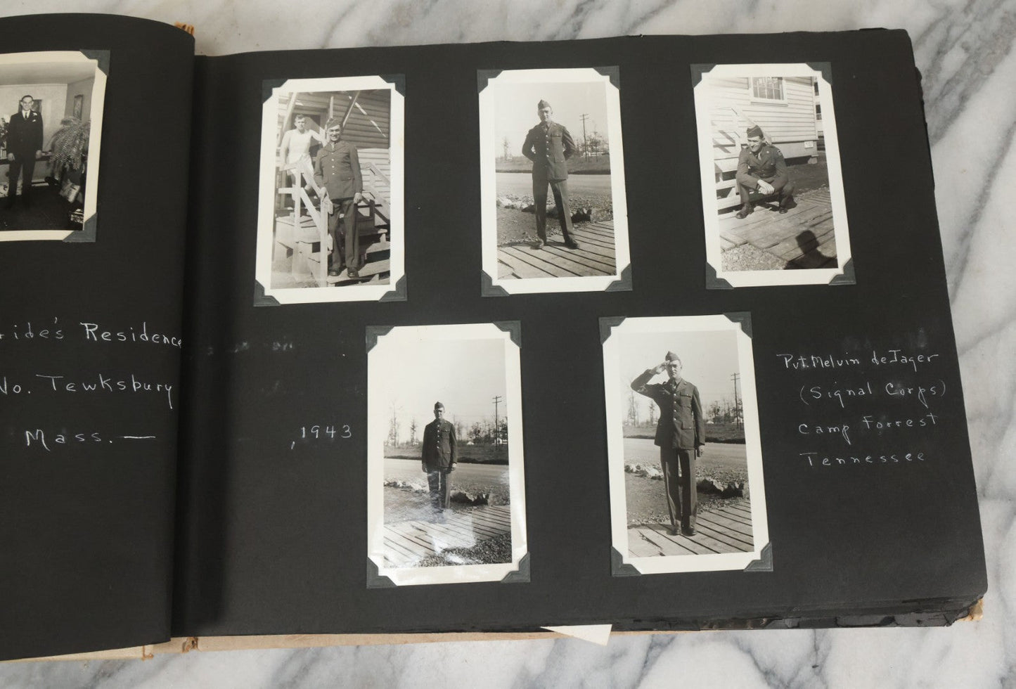 Lot 075 - Vintage WWII Era (1940s) Snapshot Photo Album Featuring Many Photos Of Soldiers, Boston, Farm Animals, Belonged To Francis And Melvin De Jaqer, Photos From Camp Forrest Tennessee, All Photos Pictured