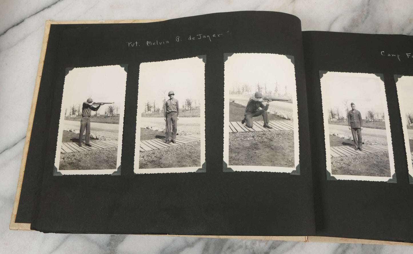 Lot 075 - Vintage WWII Era (1940s) Snapshot Photo Album Featuring Many Photos Of Soldiers, Boston, Farm Animals, Belonged To Francis And Melvin De Jaqer, Photos From Camp Forrest Tennessee, All Photos Pictured