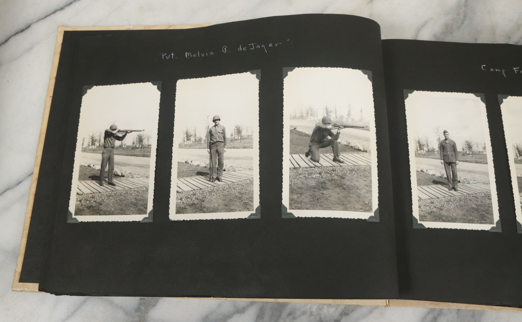 Lot 075 - Vintage WWII Era (1940s) Snapshot Photo Album Featuring Many Photos Of Soldiers, Boston, Farm Animals, Belonged To Francis And Melvin De Jaqer, Photos From Camp Forrest Tennessee, All Photos Pictured