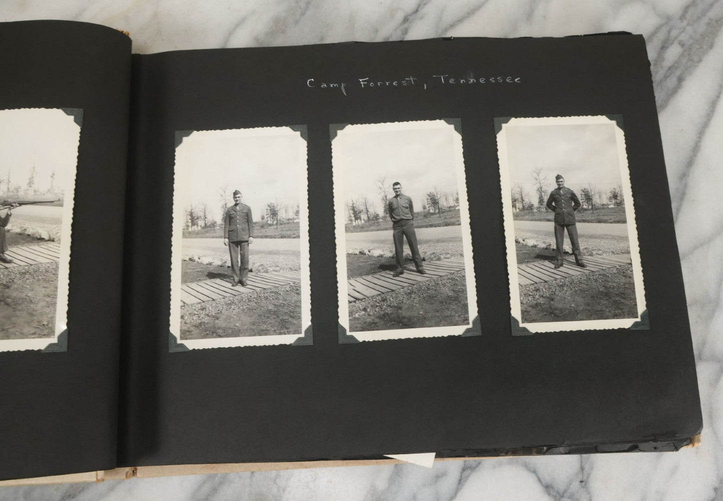 Lot 075 - Vintage WWII Era (1940s) Snapshot Photo Album Featuring Many Photos Of Soldiers, Boston, Farm Animals, Belonged To Francis And Melvin De Jaqer, Photos From Camp Forrest Tennessee, All Photos Pictured