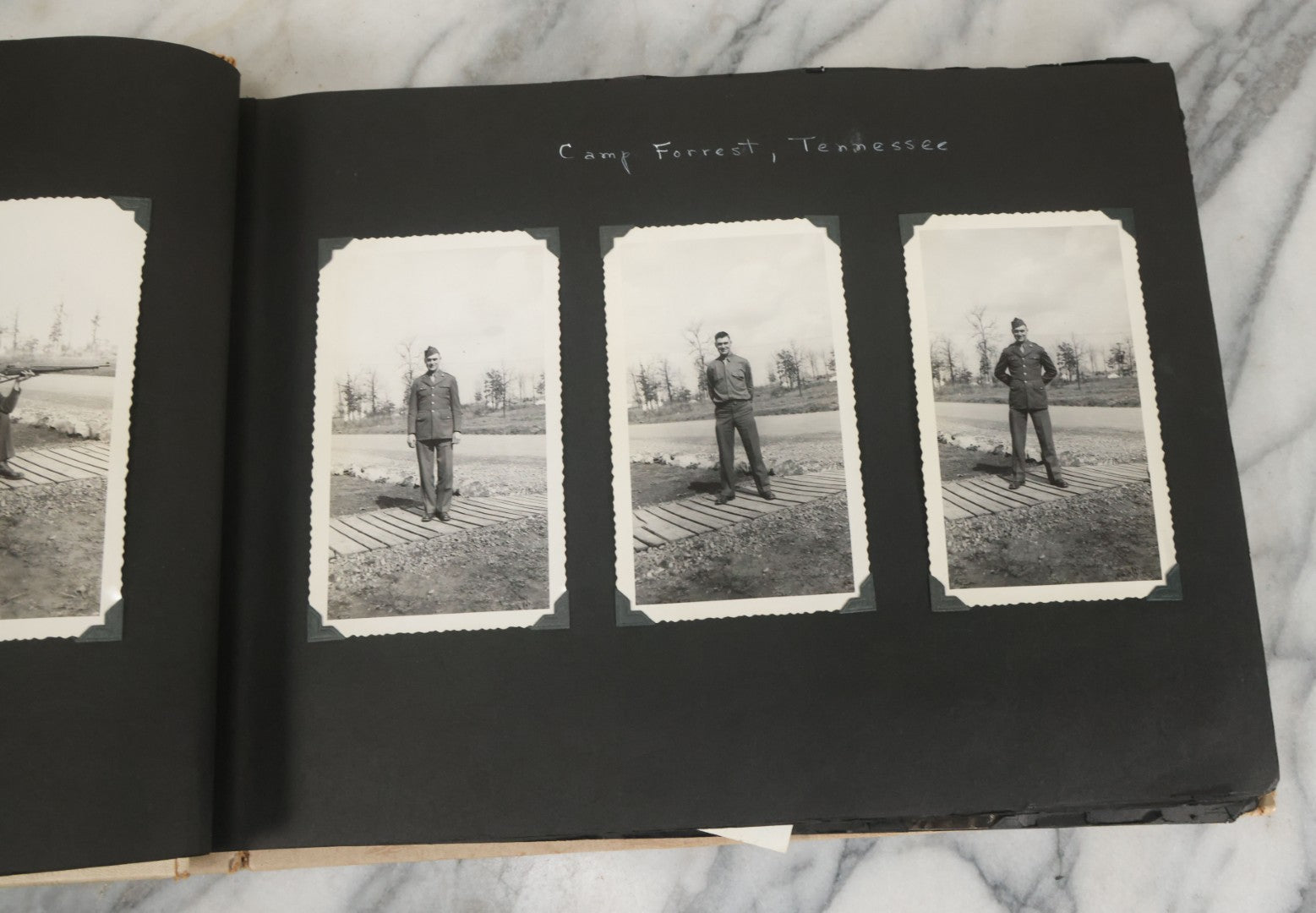 Lot 075 - Vintage WWII Era (1940s) Snapshot Photo Album Featuring Many Photos Of Soldiers, Boston, Farm Animals, Belonged To Francis And Melvin De Jaqer, Photos From Camp Forrest Tennessee, All Photos Pictured
