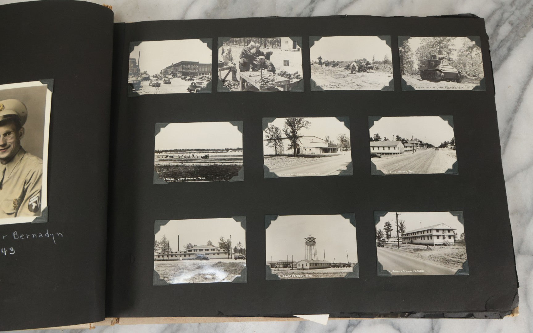Lot 075 - Vintage WWII Era (1940s) Snapshot Photo Album Featuring Many Photos Of Soldiers, Boston, Farm Animals, Belonged To Francis And Melvin De Jaqer, Photos From Camp Forrest Tennessee, All Photos Pictured