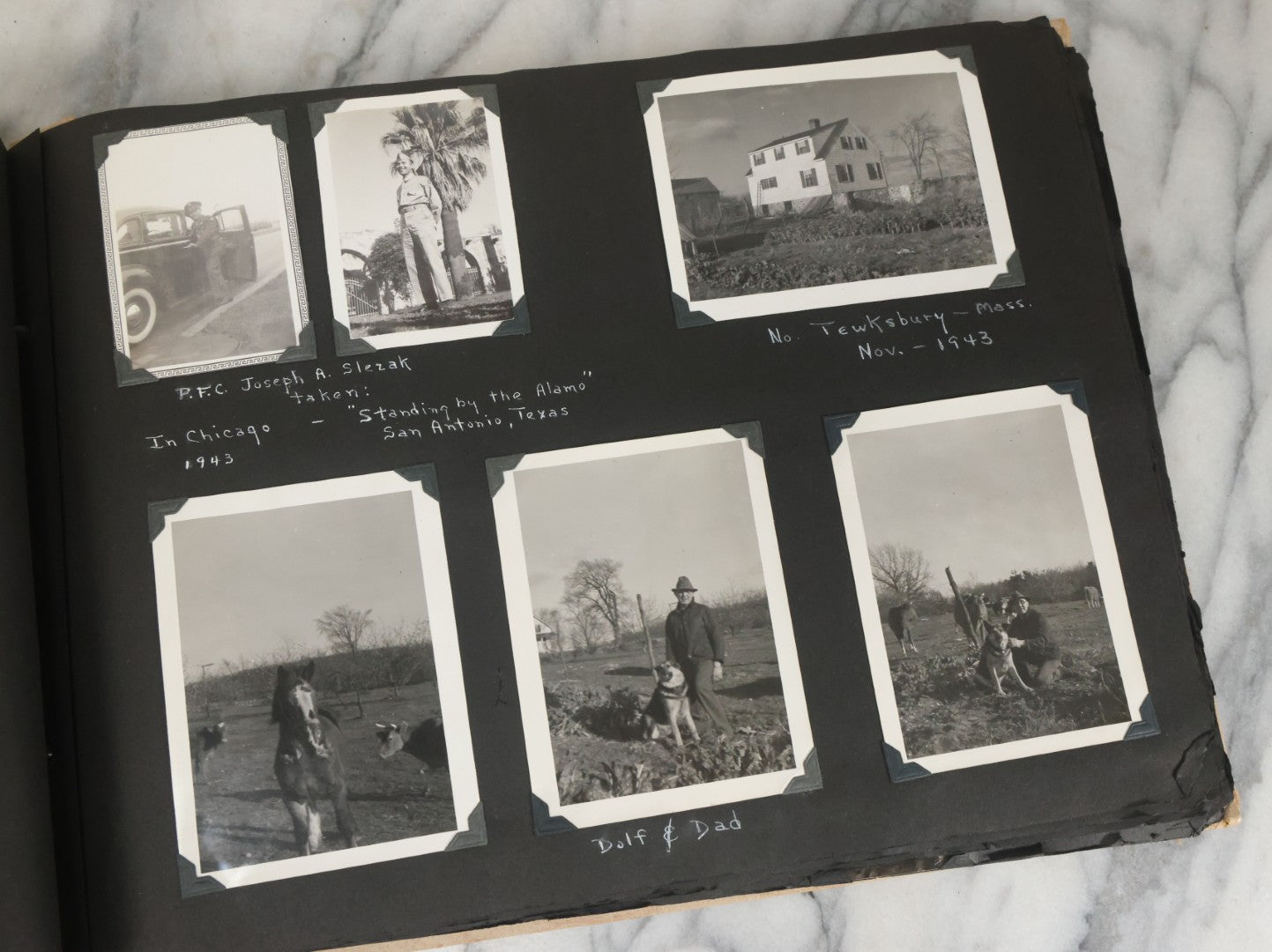 Lot 075 - Vintage WWII Era (1940s) Snapshot Photo Album Featuring Many Photos Of Soldiers, Boston, Farm Animals, Belonged To Francis And Melvin De Jaqer, Photos From Camp Forrest Tennessee, All Photos Pictured
