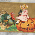 Lot 079 - Antique "A Joyous Thanksgiving" Embossed Postcard With Halloween Pumpkin Jack-O-Lantern, J.O.L., Black Cat And Turkey, Not Postmarked, Note Worn Back