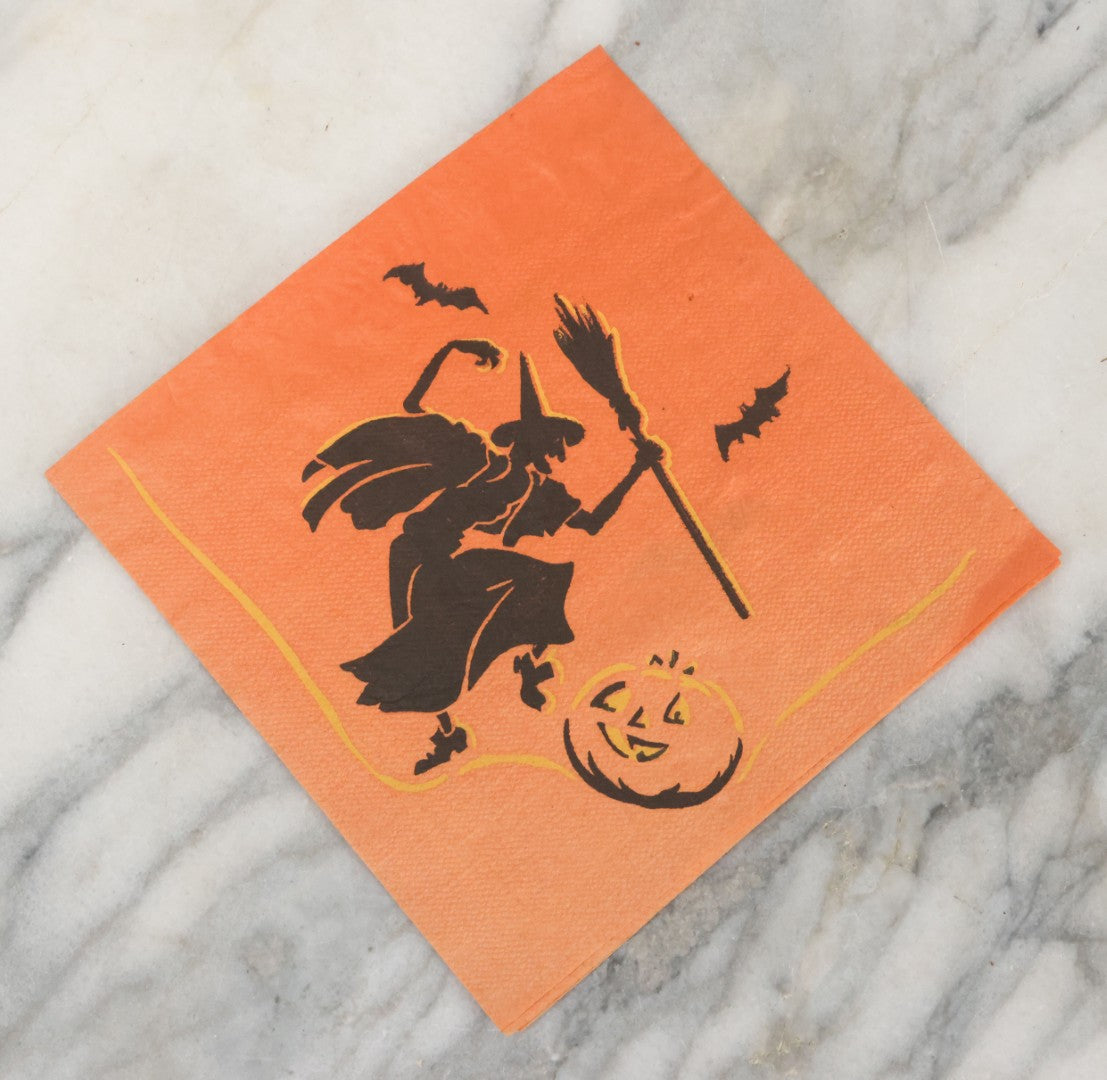 Lot 080 - Single Vintage Halloween Napkin With Dancing Witch, Bats, Halloween Pumpkin Jack-O-Lantern, J.O.L.