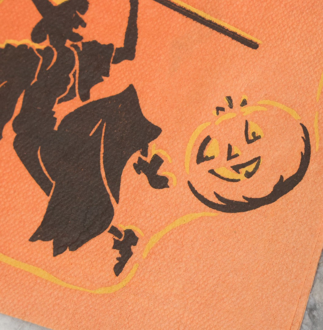 Lot 080 - Single Vintage Halloween Napkin With Dancing Witch, Bats, Halloween Pumpkin Jack-O-Lantern, J.O.L.
