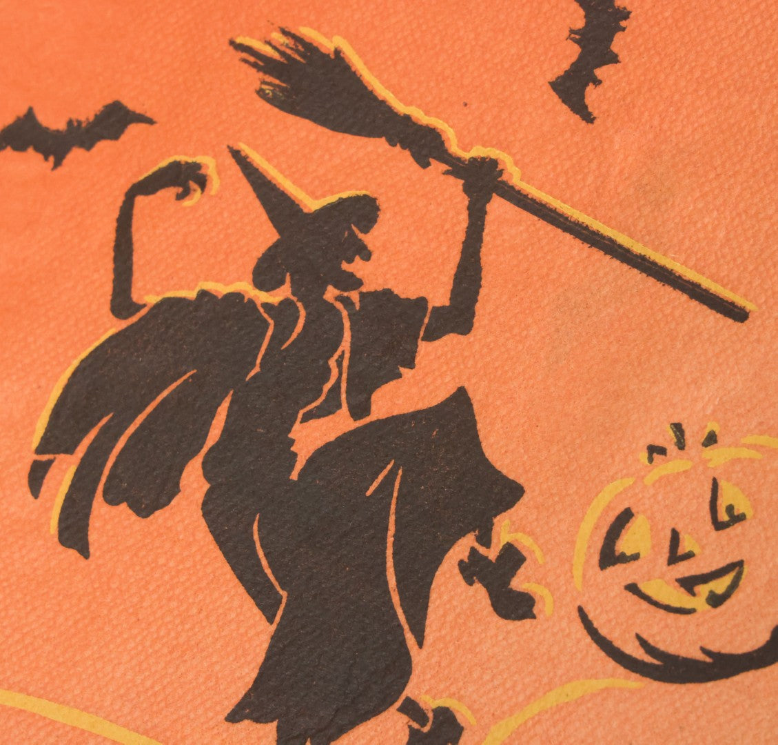 Lot 080 - Single Vintage Halloween Napkin With Dancing Witch, Bats, Halloween Pumpkin Jack-O-Lantern, J.O.L.