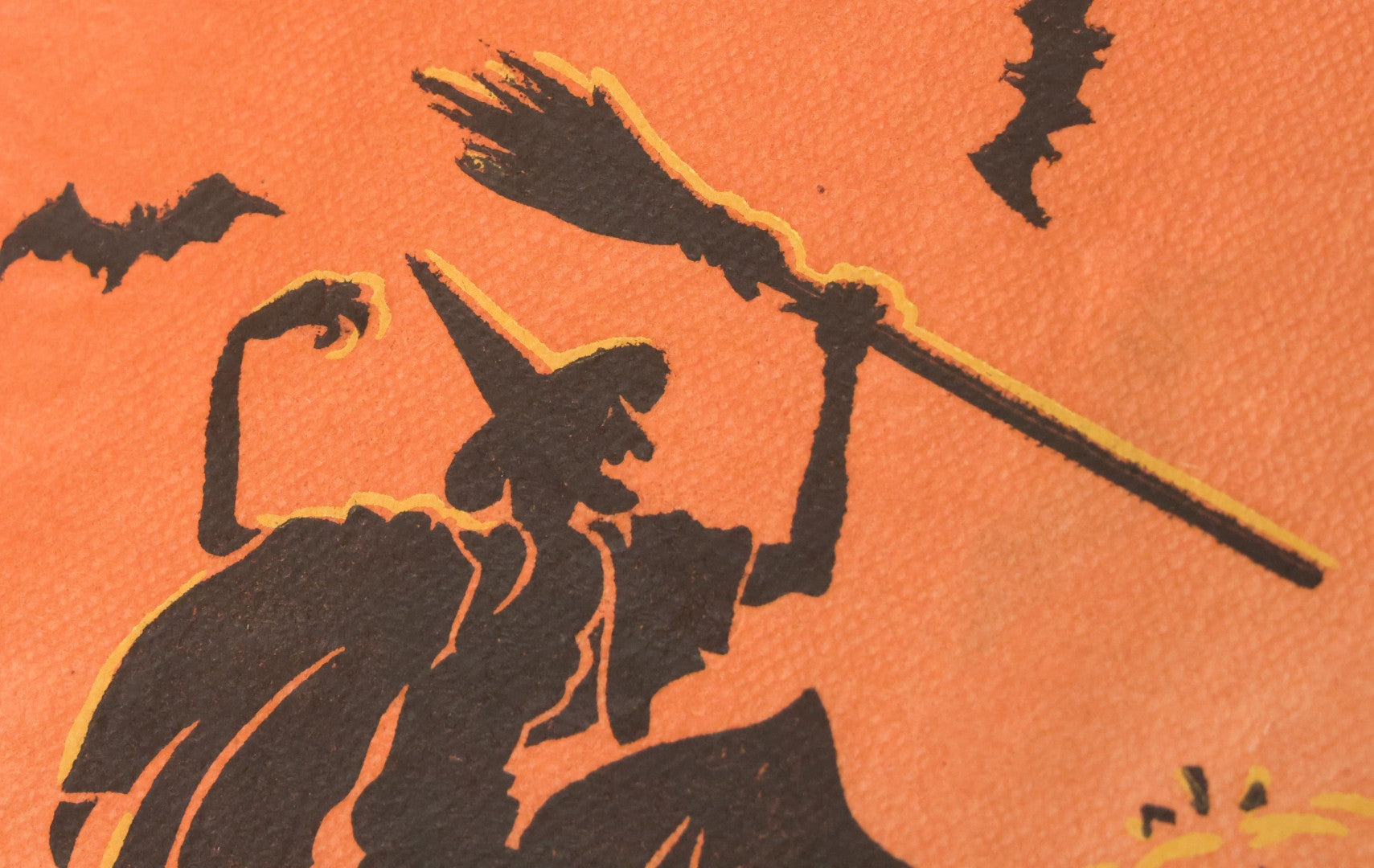 Lot 080 - Single Vintage Halloween Napkin With Dancing Witch, Bats, Halloween Pumpkin Jack-O-Lantern, J.O.L.