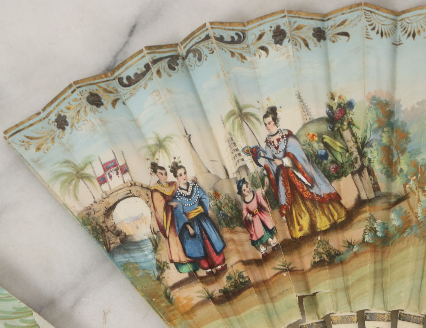 Lot 089 - Pair Of Antique Hand Fans Including Hand Painted In Original Box (Note, Vertical Tear In Fan), And Purple Maroon Pop Up Fan With Slide Mechanism