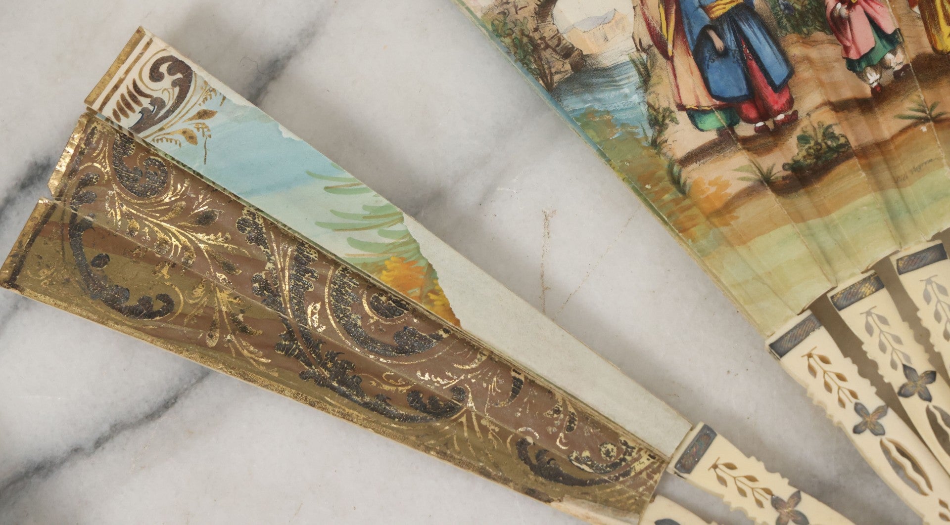 Lot 089 - Pair Of Antique Hand Fans Including Hand Painted In Original Box (Note, Vertical Tear In Fan), And Purple Maroon Pop Up Fan With Slide Mechanism