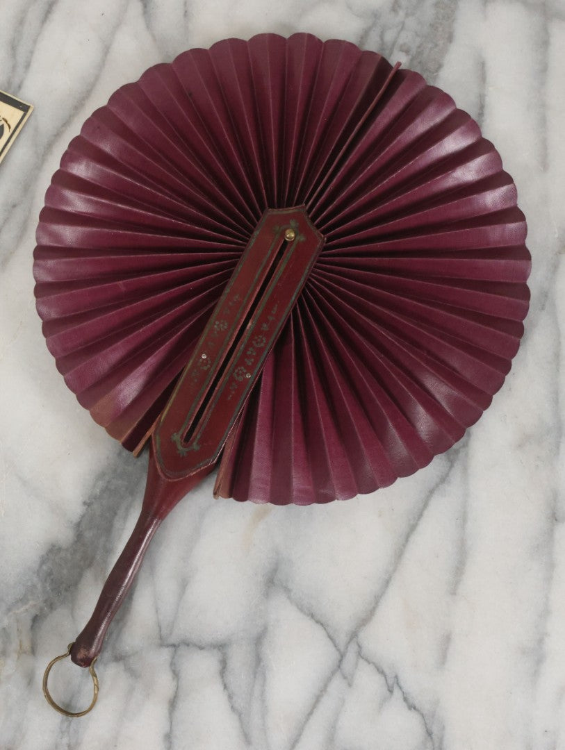 Lot 089 - Pair Of Antique Hand Fans Including Hand Painted In Original Box (Note, Vertical Tear In Fan), And Purple Maroon Pop Up Fan With Slide Mechanism