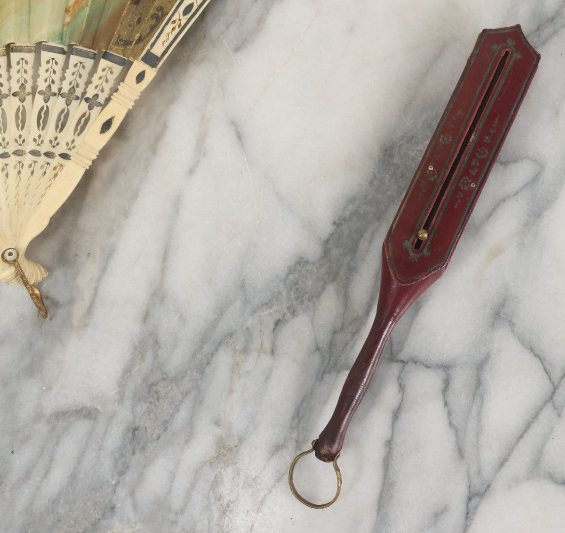 Lot 089 - Pair Of Antique Hand Fans Including Hand Painted In Original Box (Note, Vertical Tear In Fan), And Purple Maroon Pop Up Fan With Slide Mechanism