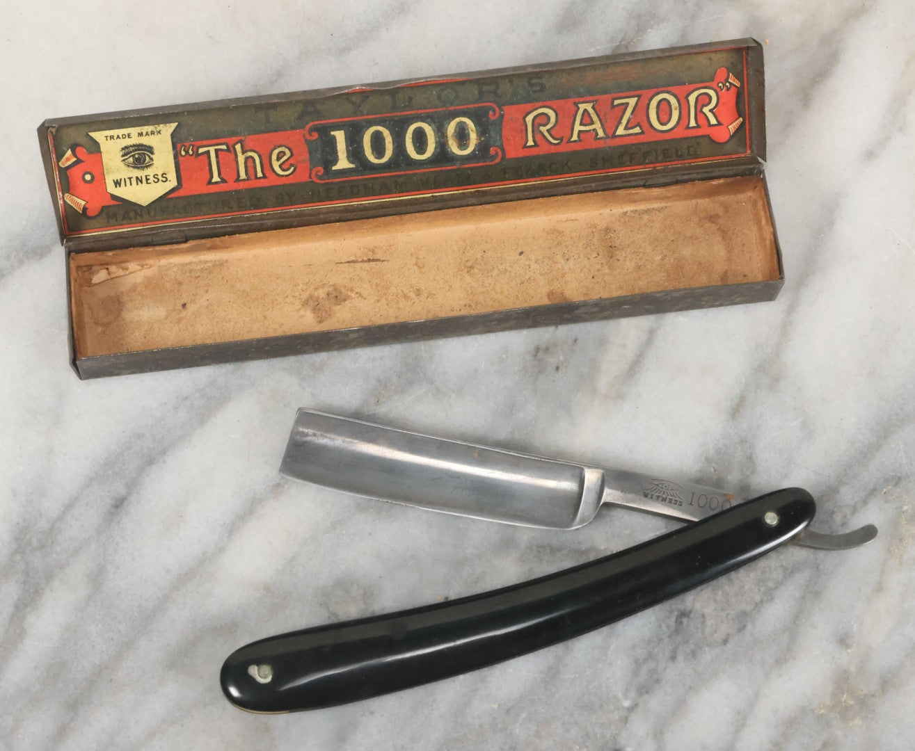 Lot 090 - Antique New Old Stock N.O.S. Taylor's "The 1000 Razor" Manufactured By Needham, Veall, & Tyzack, Sheffield England, With Witness Trademark In Original Tin