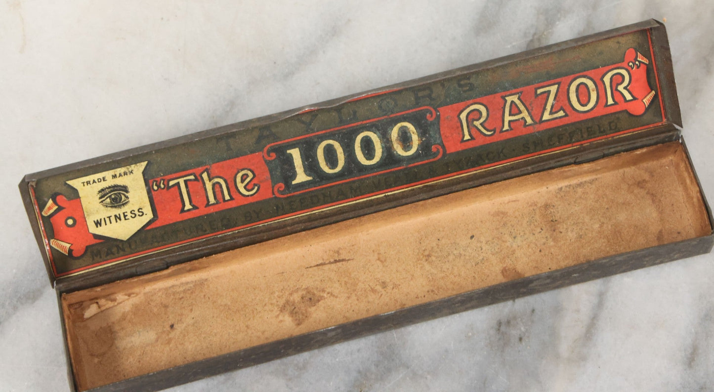 Lot 090 - Antique New Old Stock N.O.S. Taylor's "The 1000 Razor" Manufactured By Needham, Veall, & Tyzack, Sheffield England, With Witness Trademark In Original Tin