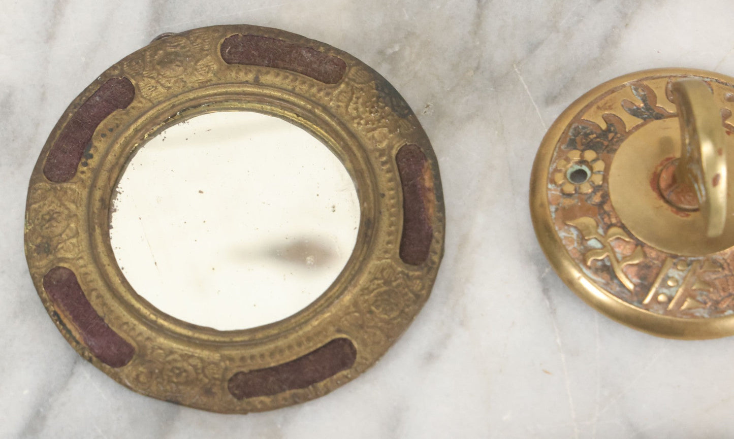 Lot 092 - Antique 3 Item Metal Grouping Including Miniature Pocket Mirror, Brass Doorbell Knob, And Advertising Button Hook For Reynolds' Shoe Store, Milford Massachusetts