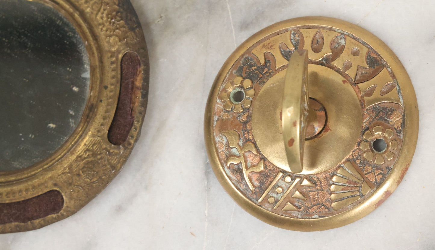 Lot 092 - Antique 3 Item Metal Grouping Including Miniature Pocket Mirror, Brass Doorbell Knob, And Advertising Button Hook For Reynolds' Shoe Store, Milford Massachusetts
