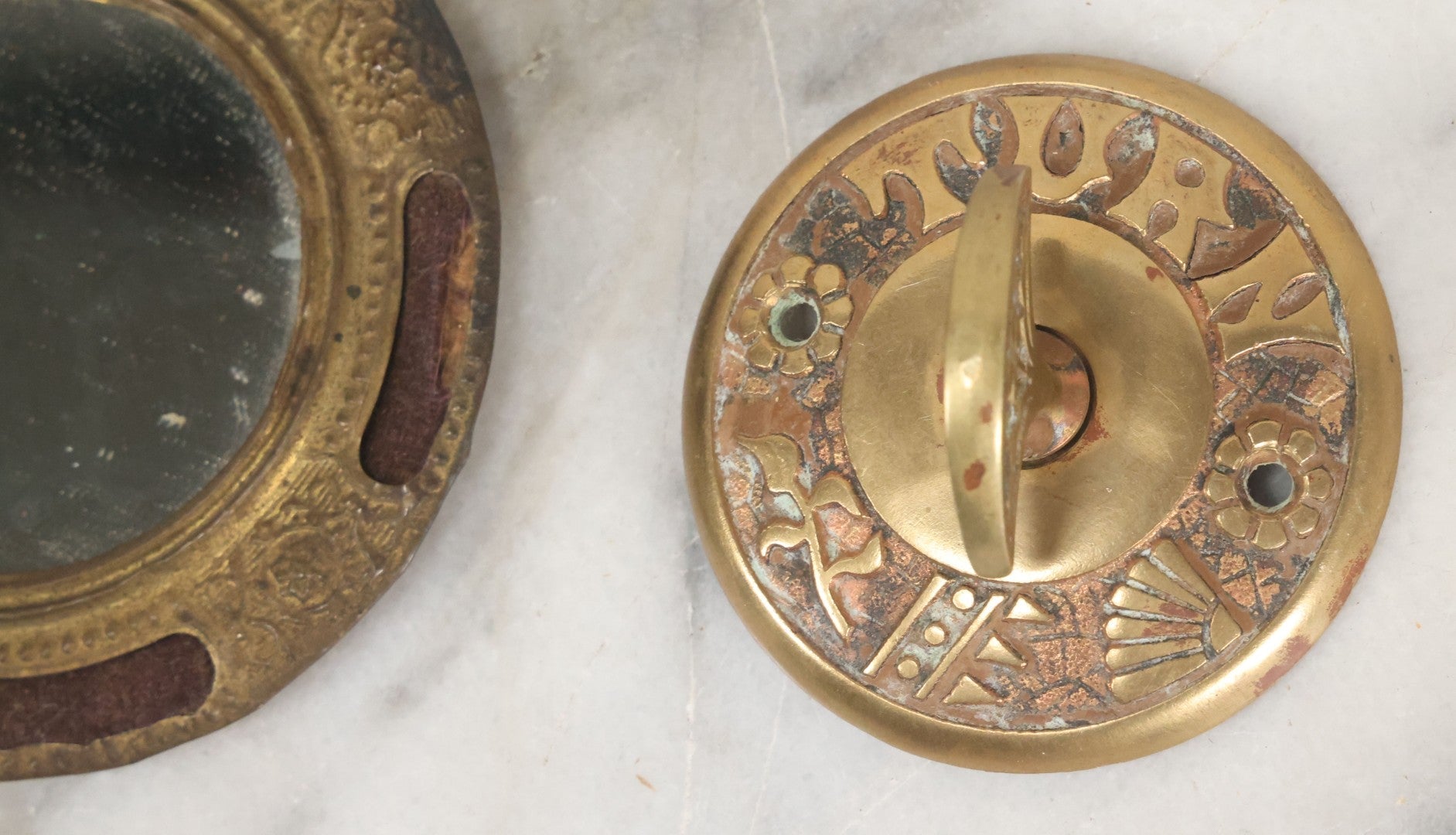 Lot 092 - Antique 3 Item Metal Grouping Including Miniature Pocket Mirror, Brass Doorbell Knob, And Advertising Button Hook For Reynolds' Shoe Store, Milford Massachusetts
