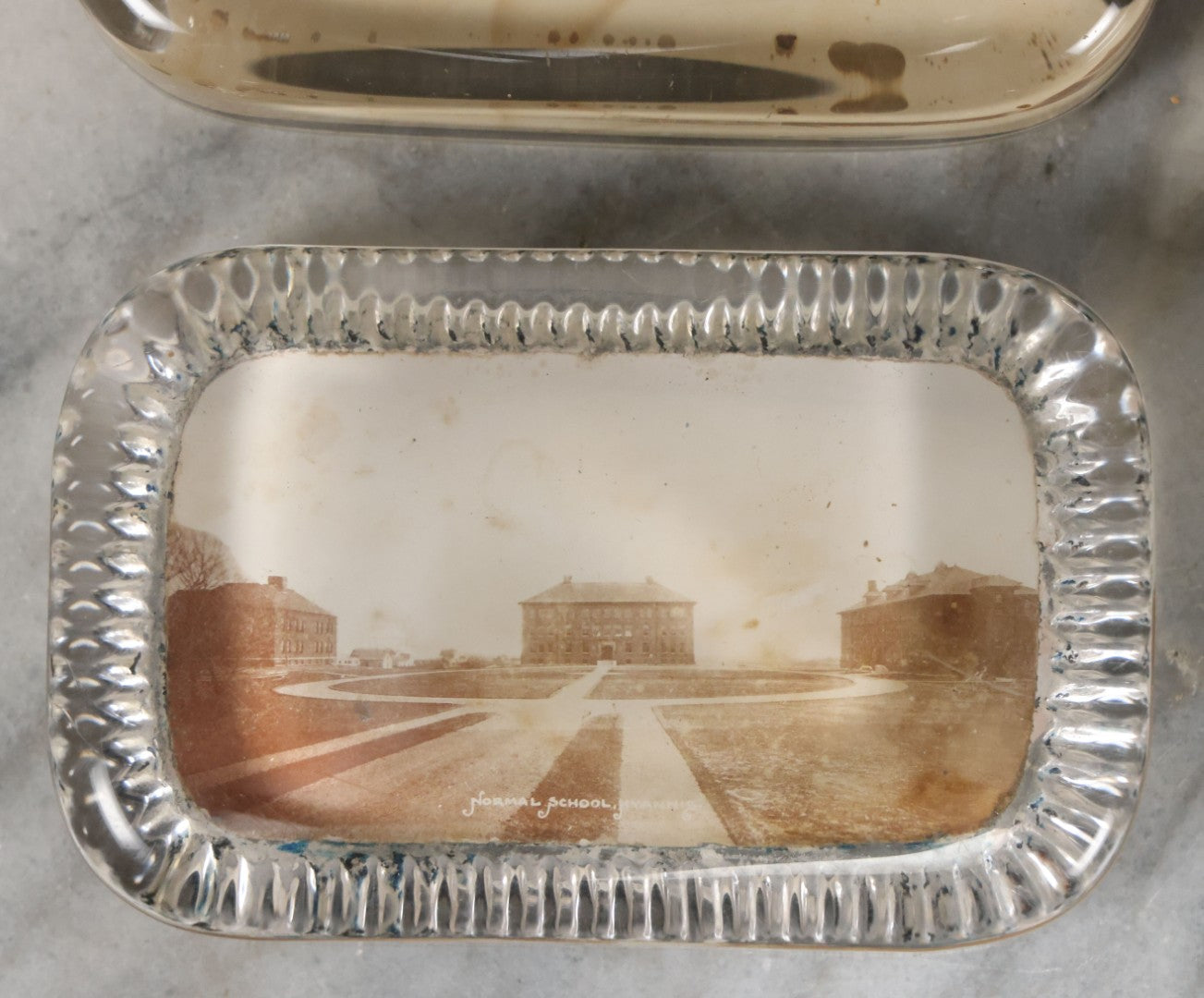 Lot 099 - Grouping Of 3 Antique Glass Paperweights Including Muller Building Dorchester Mutual Fire Insurance Company, Boston, Normal School, Hyannis, And Union Chapel Hopedale, Massachusetts