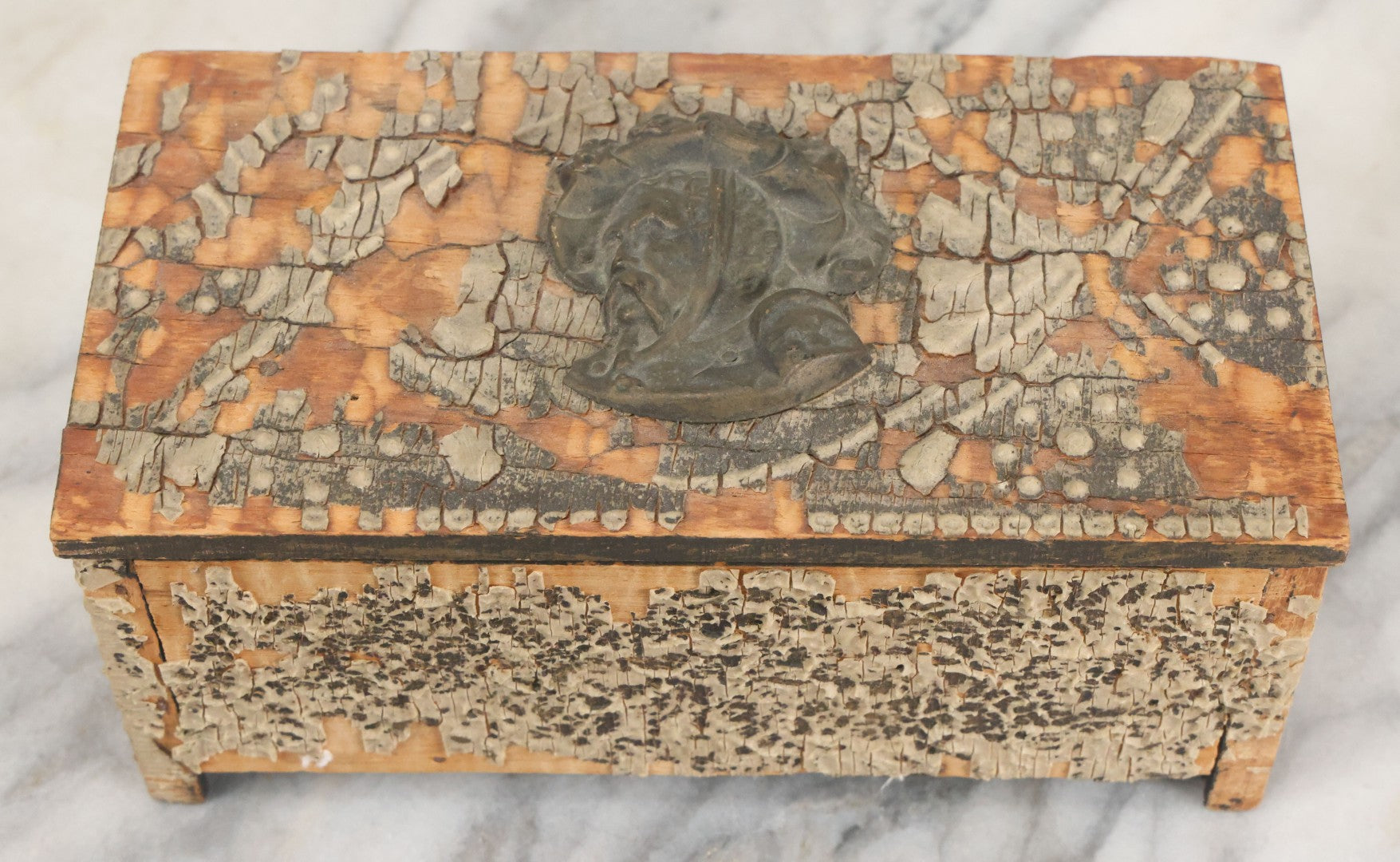 Lot 101 - Antique Wooden Box With Chippy Paint And Metal Adornment Featuring Man In Hat