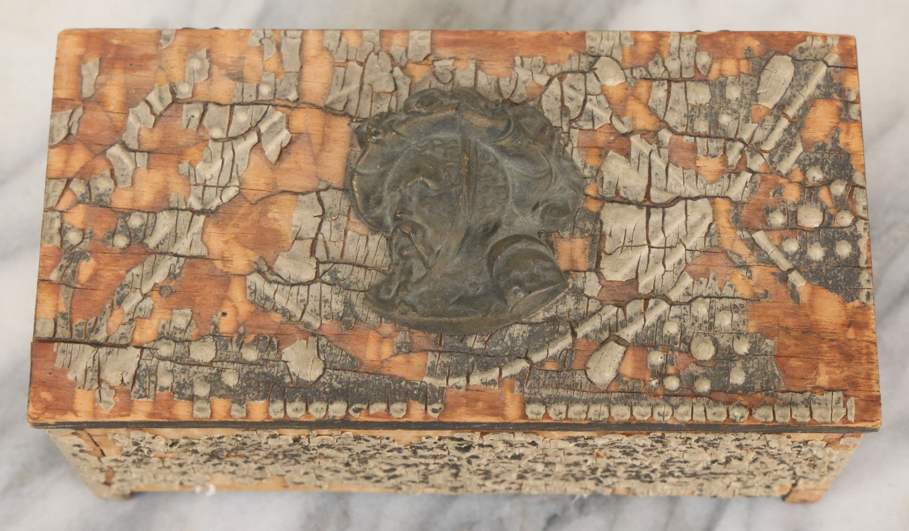 Lot 101 - Antique Wooden Box With Chippy Paint And Metal Adornment Featuring Man In Hat