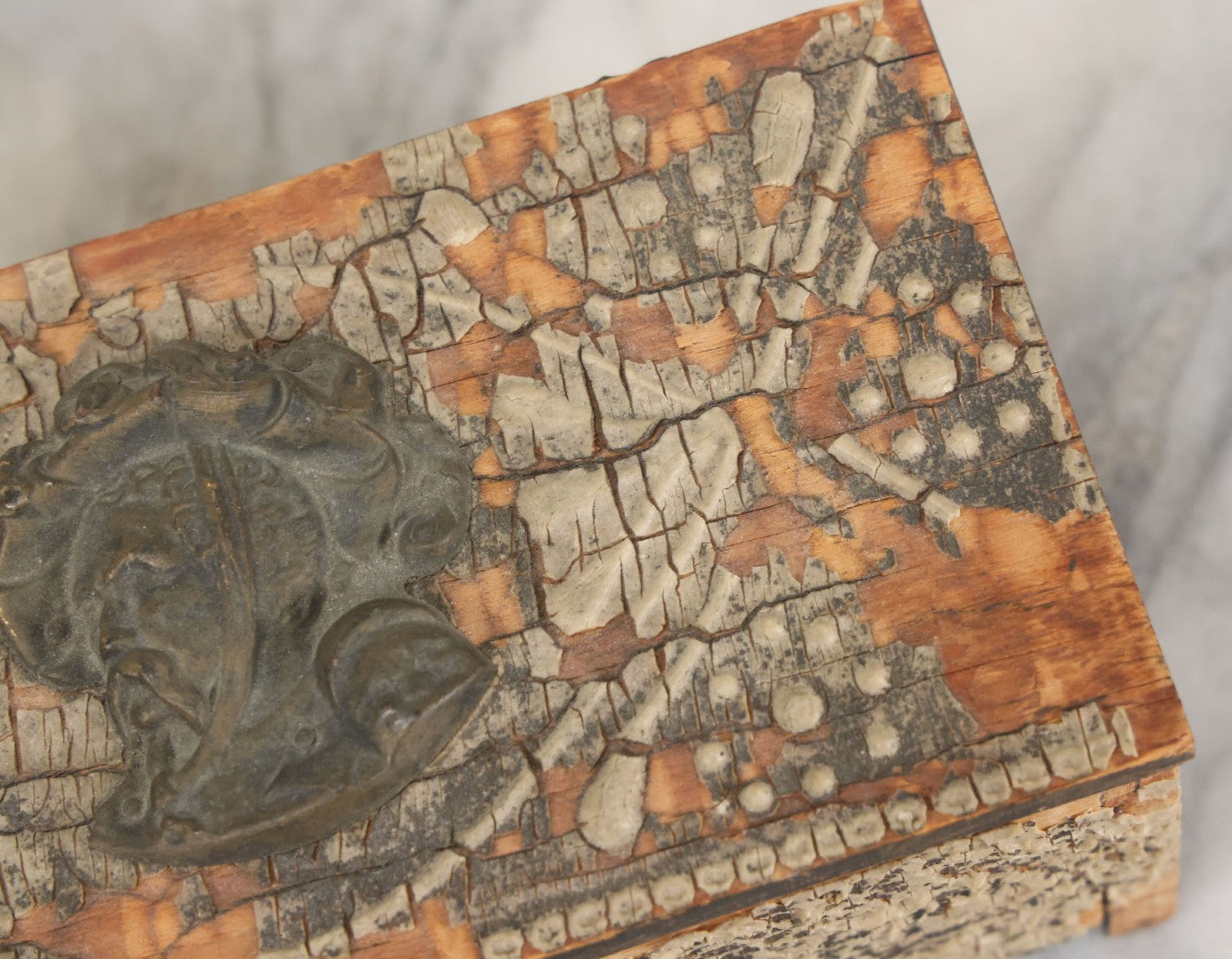 Lot 101 - Antique Wooden Box With Chippy Paint And Metal Adornment Featuring Man In Hat