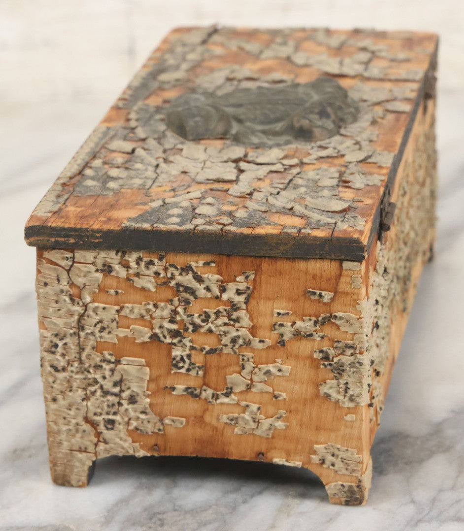 Lot 101 - Antique Wooden Box With Chippy Paint And Metal Adornment Featuring Man In Hat