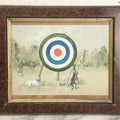 Lot 006 - Antique Original Watercolor Painting Of A Pitbull Dog Laying In The Grass Beside An Archery Target With Bow And Quiver Of Arrows, Circa 1880s, Framed, 12-5/8" x 10-5/8"